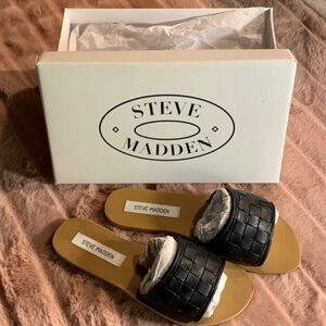 Steve Madden Black Woven Slides with Tan Sole